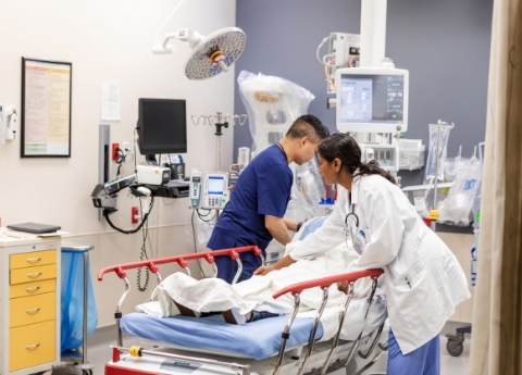 A physician and nurse caring for a patient in a hospital room